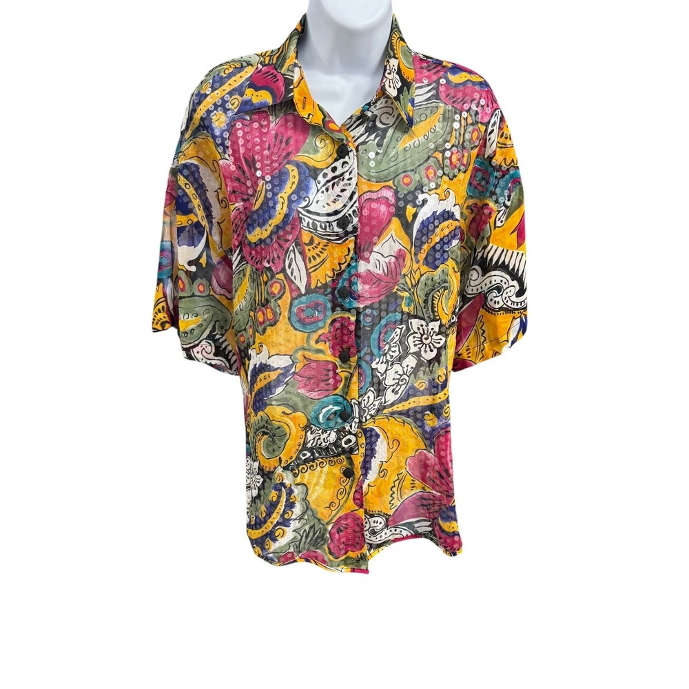 Express Internationale Women's Multicolor Sequined Floral Print Short‎ Shirt M